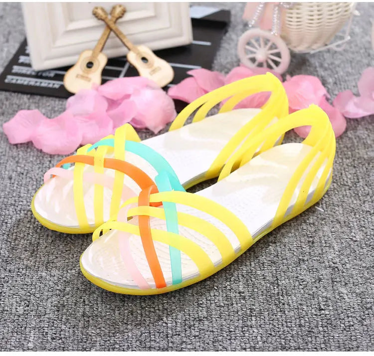 Comemore Women's Jelly Peep Toe Flat Beach Sandals