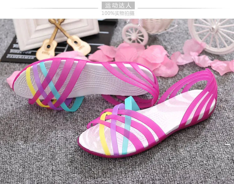 Comemore Women's Jelly Peep Toe Flat Beach Sandals