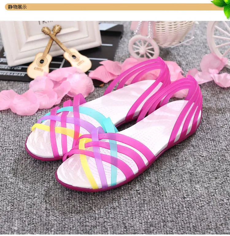 Comemore Women's Jelly Peep Toe Flat Beach Sandals