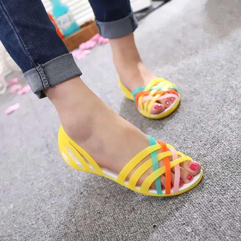 Comemore Women's Jelly Peep Toe Flat Beach Sandals