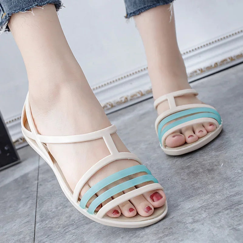 Comemore Women's Jelly Peep Toe Flat Beach Sandals