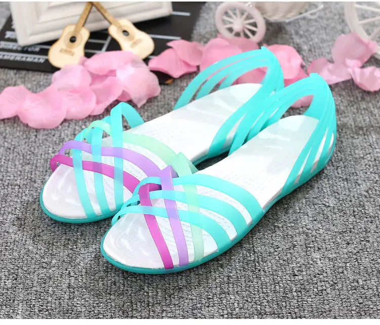Comemore Women's Jelly Peep Toe Flat Beach Sandals