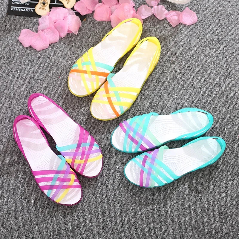 Comemore Women's Jelly Peep Toe Flat Beach Sandals